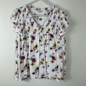 Lucky Brand Cream Pink & Yellow Floral Short Sleeve V Neck Top XL